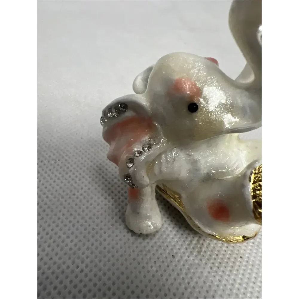 Bejeweled Enamel Hinged Trinket Box White Gold Lucky Baby Elephant w Rhinestone